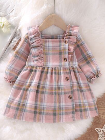 Baby Plaid Ruffle Trim Smock Dress