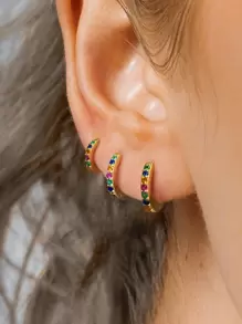 3pcs Cubic Zirconia Decor Hoop Earring - Multicolor - View 1