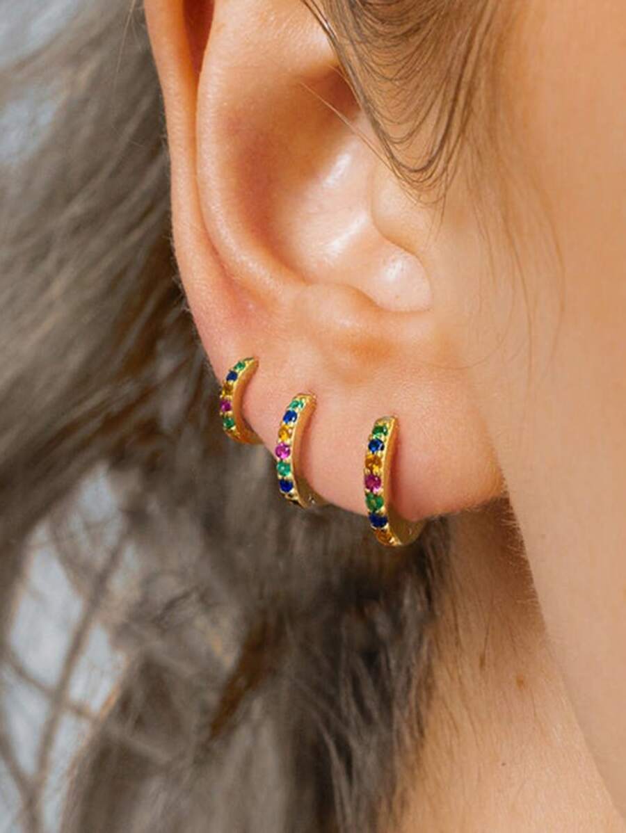 3pcs Cubic Zirconia Decor Hoop Earring - Multicolor - View 1