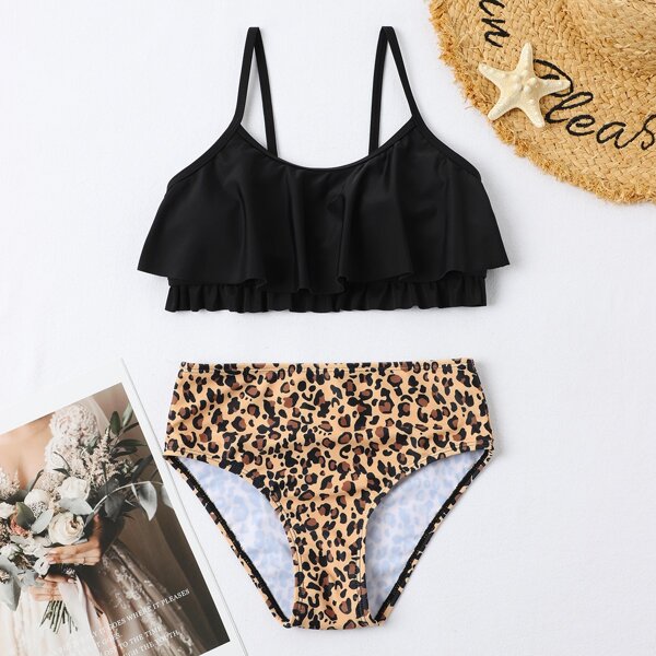 

Girls Leopard Flounce Bikini Swimsuit, Multicolor