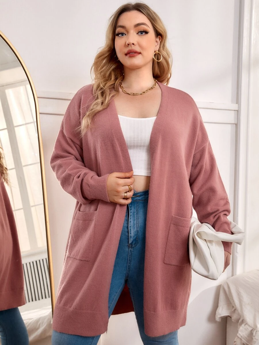 SHEIN Plus Size Dual Pocket Drop Shoulder Cardigan - Dusty Pink - View 1