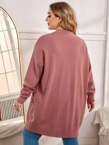SHEIN Plus Size Dual Pocket Drop Shoulder Cardigan - Dusty Pink - View 2