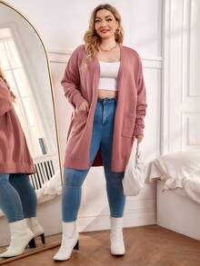 SHEIN Plus Size Dual Pocket Drop Shoulder Cardigan - Dusty Pink - View 3