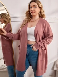 SHEIN Plus Size Dual Pocket Drop Shoulder Cardigan - Dusty Pink - View 5