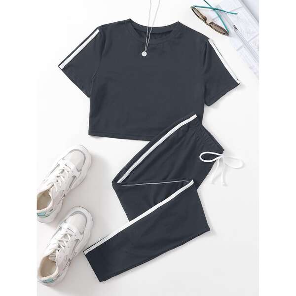 

Contrast Striped Side Lounge Set, Dark grey