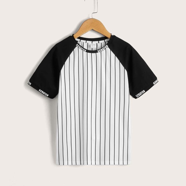 

Boys Letter Graphic Raglan Sleeve Striped Shirt, Black and white