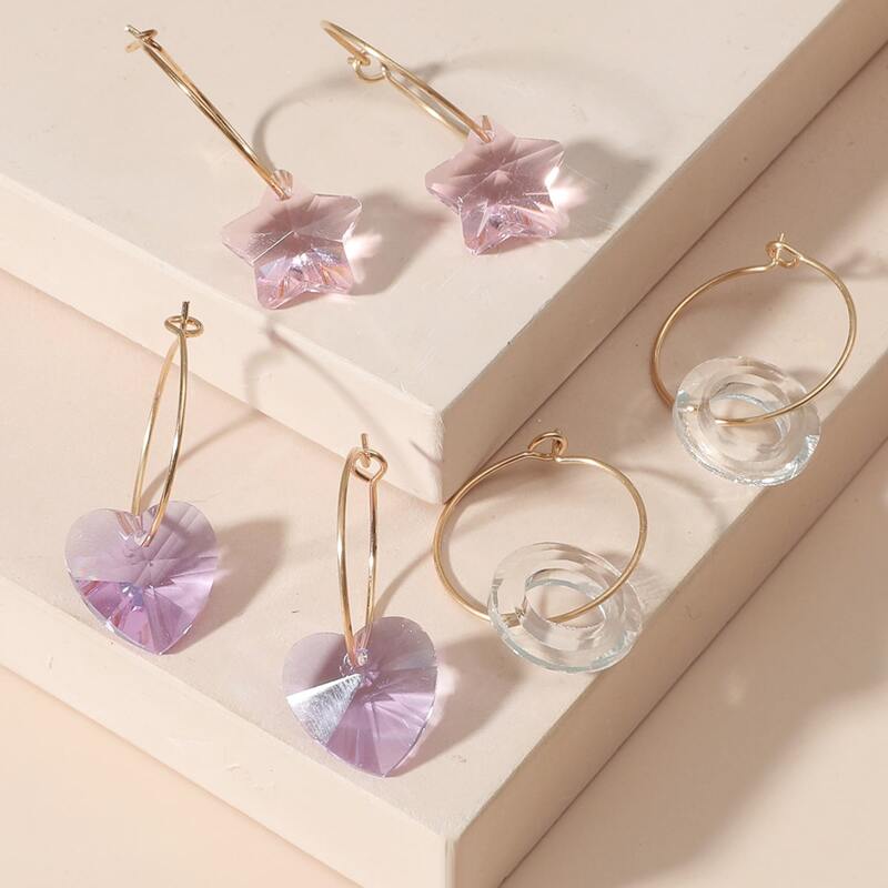 

3pairs Star & Heart Drop Earrings, Multicolor