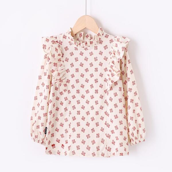 

Toddler Girls Cactus Print Ruffle Trim Blouse, Beige