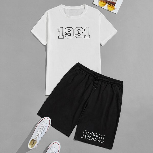 

Men Letter Graphic Tee & Drawstring Shorts, Black and white