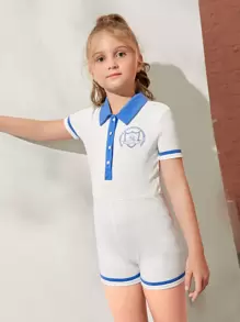 SHEIN Girls Letter Graphic Contrast Binding Romper - White - View 1