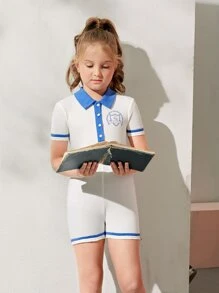 SHEIN Girls Letter Graphic Contrast Binding Romper - White - View 5