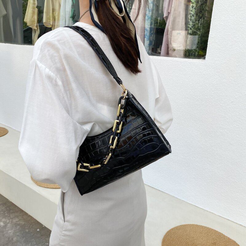

Chain Decor Croc Embossed Baguette Bag, Black