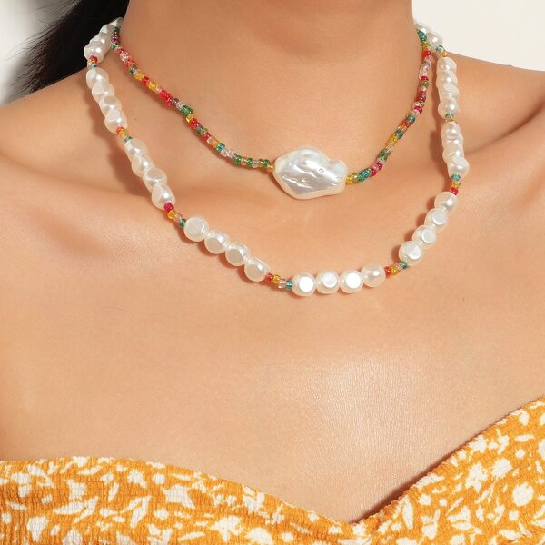 

2pcs Faux Pearl Decor Beaded Necklace, Multicolor