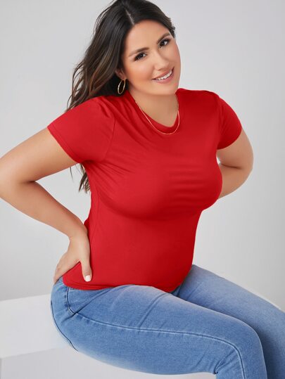 SHEIN BASICS تي شيرت صيفي ضيق برقبة دائرية بلون موحد مقاس كبير