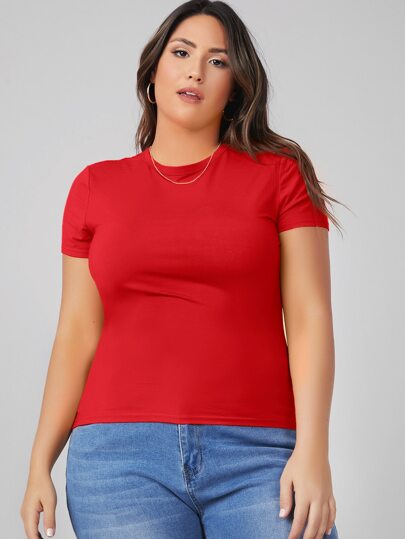 SHEIN BASICS تي شيرت صيفي ضيق برقبة دائرية بلون موحد مقاس كبير