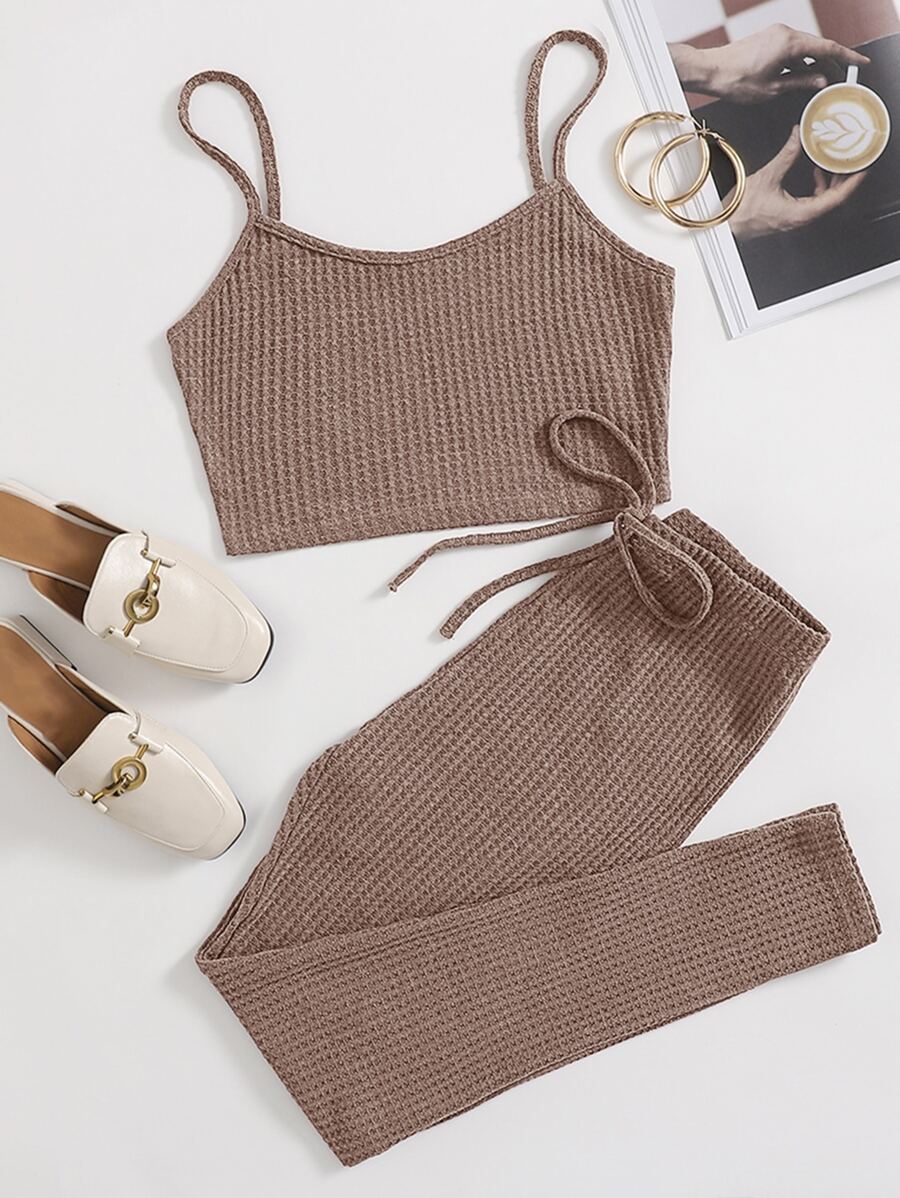 Muchica Waffle Knit Cami Top & Drawstring Leggings Set - Mocha Brown - View 1