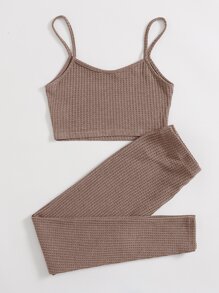 Muchica Waffle Knit Cami Top & Drawstring Leggings Set - Mocha Brown - View 2