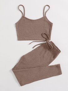 Muchica Waffle Knit Cami Top & Drawstring Leggings Set - Mocha Brown - View 4