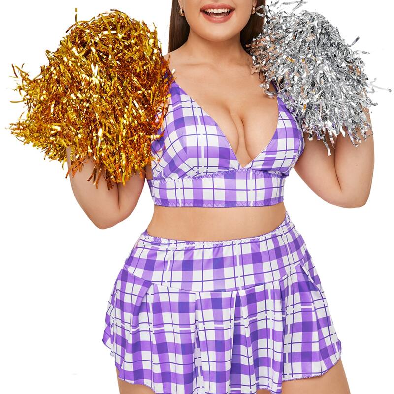 

3pack Plus Plaid Pattern School Costume Set With Thong, Purple