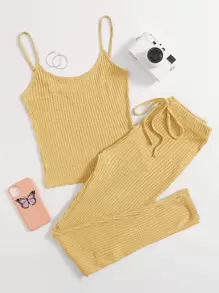 SHEIN EZwear 華夫格針織吊帶上衣和結飾緊身褲套裝 - 黃色 - 查看 1