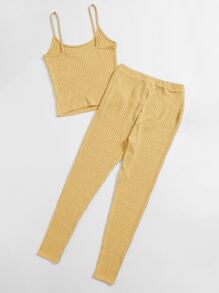 SHEIN EZwear 華夫格針織吊帶上衣和結飾緊身褲套裝 - 黃色 - 查看 2