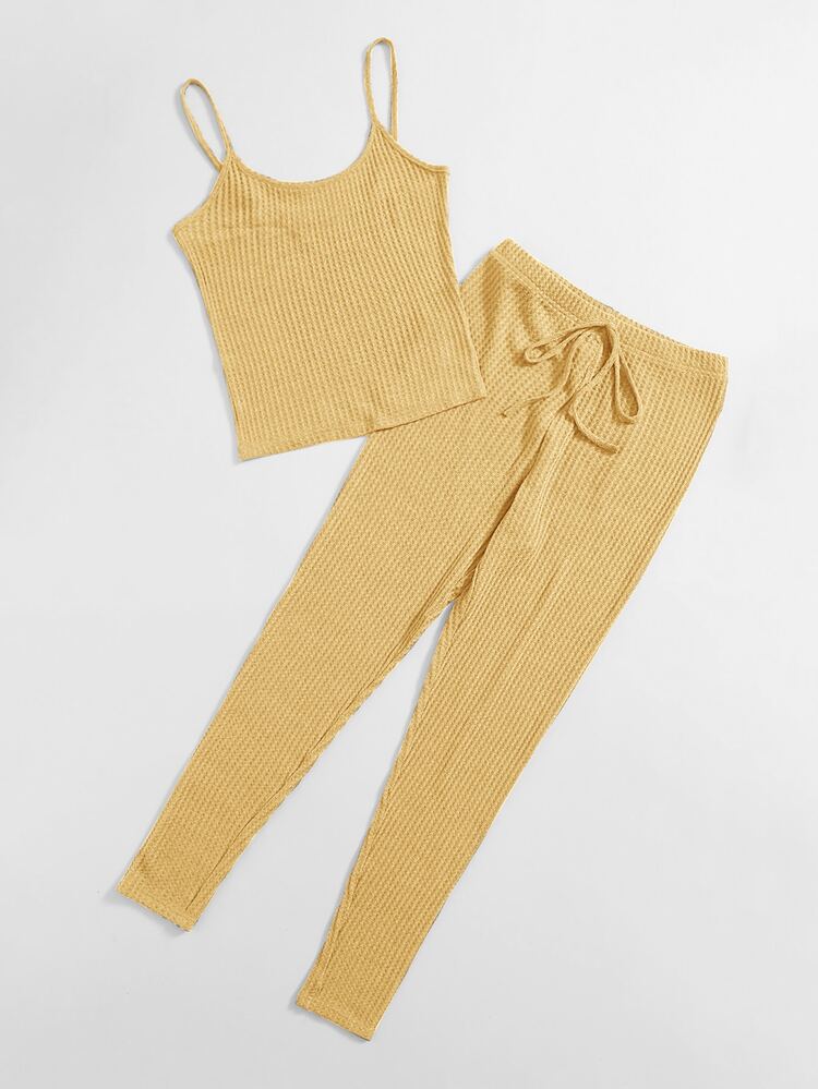 SHEIN EZwear 華夫格針織吊帶上衣和結飾緊身褲套裝 - 黃色 - 查看 3