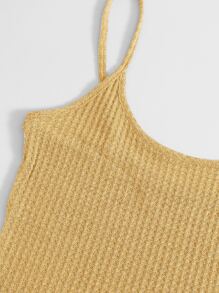 SHEIN EZwear 華夫格針織吊帶上衣和結飾緊身褲套裝 - 黃色 - 查看 4