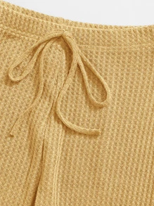 SHEIN EZwear 華夫格針織吊帶上衣和結飾緊身褲套裝 - 黃色 - 查看 5