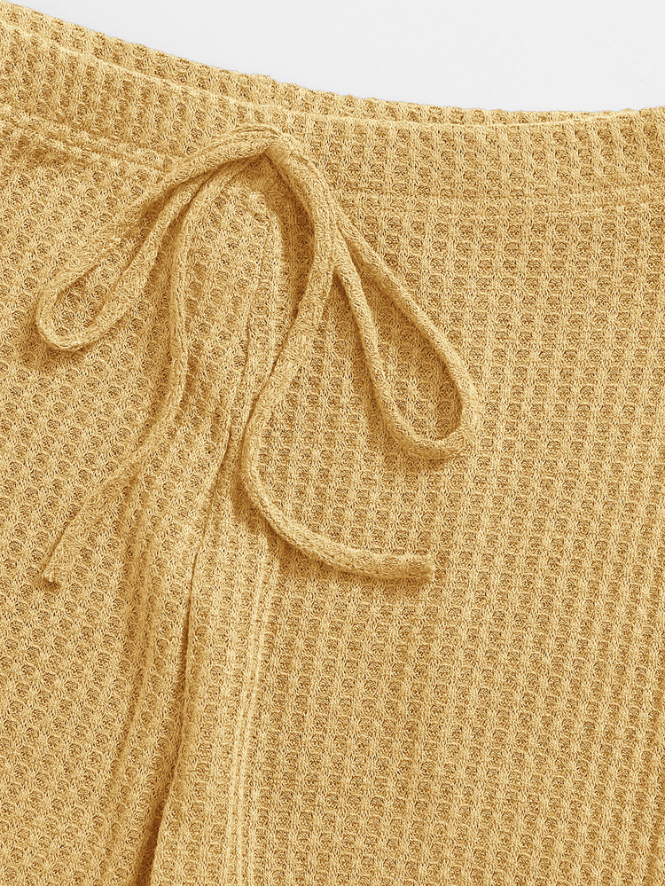 SHEIN EZwear 華夫格針織吊帶上衣和結飾緊身褲套裝 - 黃色 - 查看 5