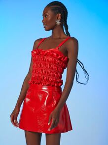 SHEIN Solid PU Leather Mini Skirt - Red - View 1