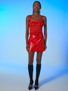 SHEIN Solid PU Leather Mini Skirt - Red - View 5