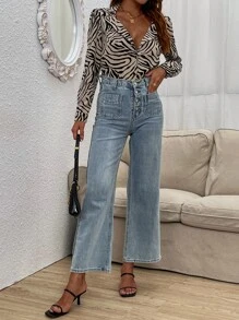 SHEIN Frenchy Zebra Print Button Front Blouse Women Shirt Winter Elegant