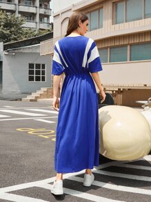 Mulvari Patched Detail Contrast Panel Batwing Sleeve Drawstring Waist Dress - Royal Blue - View 3