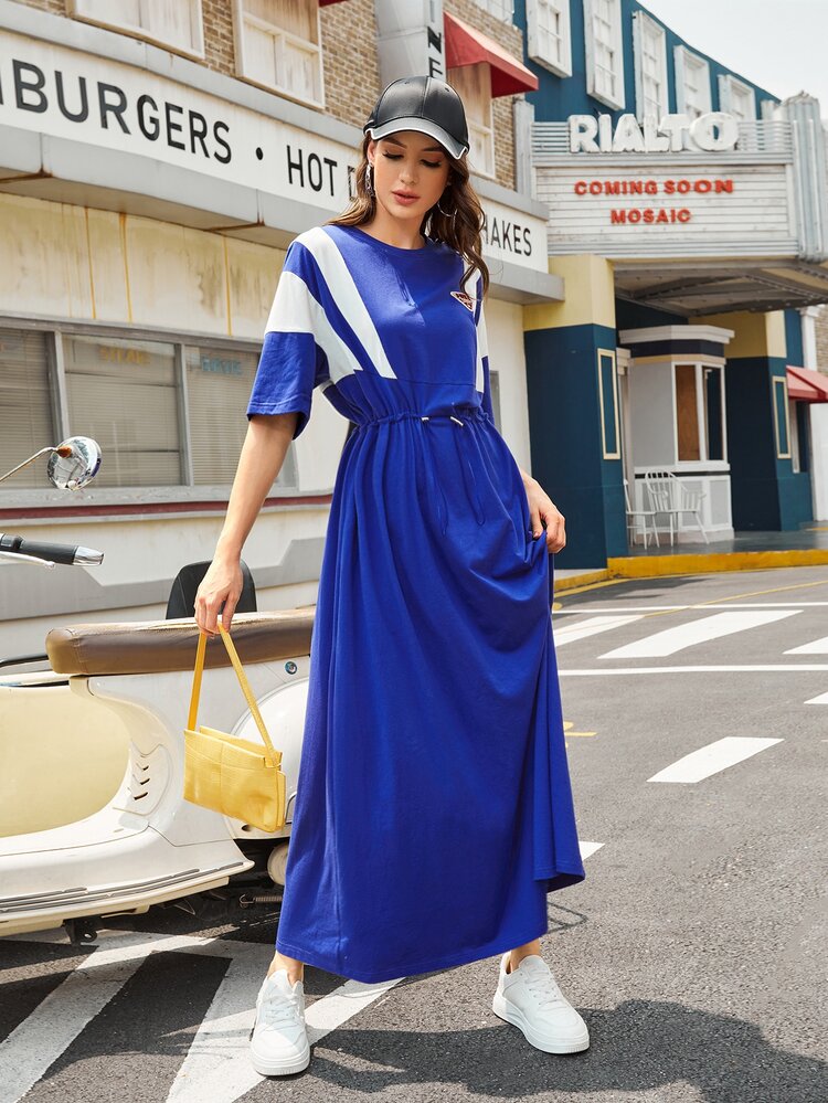 Mulvari Vestido con diseño de parche panel en contraste de manga murciélago de cintura con cordón - azul real - Añade 4