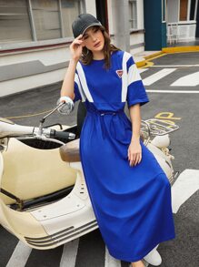 Mulvari Patched Detail Contrast Panel Batwing Sleeve Drawstring Waist Dress - Royal Blue - View 5