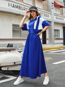 Mulvari Patched Detail Contrast Panel Batwing Sleeve Drawstring Waist Dress - Royal Blue - View 1