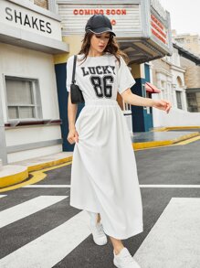 Mulvari 字母圖案蝙蝠袖彈性腰帶洋裝