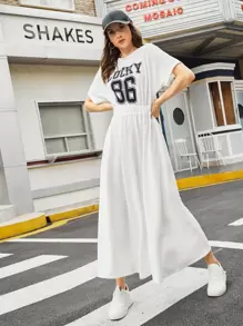 Mulvari 字母圖案蝙蝠袖彈性腰帶洋裝