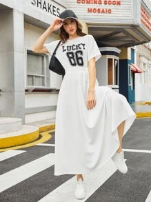 Mulvari 字母圖案蝙蝠袖彈性腰帶洋裝