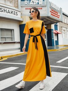 Mulvari Contrast Panel Flap Pocket Drop Shoulder Belted Dress - Mustard Yellow - View 3