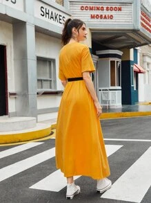 Mulvari Contrast Panel Flap Pocket Drop Shoulder Belted Dress - Mustard Yellow - View 4