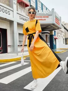 Mulvari Contrast Panel Flap Pocket Drop Shoulder Belted Dress - Mustard Yellow - View 1