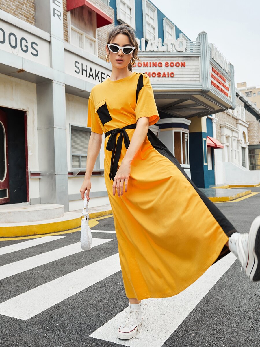 Mulvari Contrast Panel Flap Pocket Drop Shoulder Belted Dress - Mustard Yellow - View 1