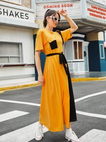 Mulvari Contrast Panel Flap Pocket Drop Shoulder Belted Dress - Mustard Yellow - View 2