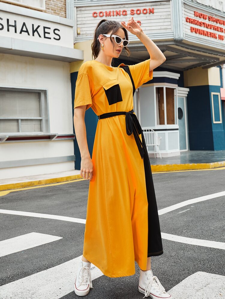 Mulvari Contrast Panel Flap Pocket Drop Shoulder Belted Dress - Mustard Yellow - View 2