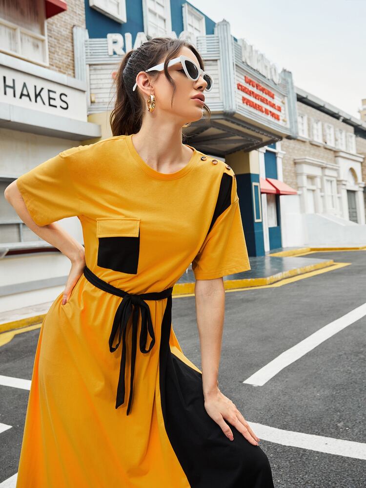 Mulvari Contrast Panel Flap Pocket Drop Shoulder Belted Dress - Mustard Yellow - View 5
