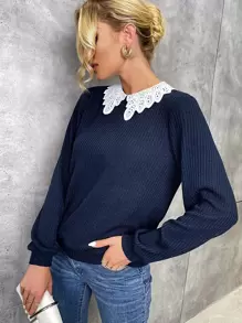 Schiffy Peter Pan Collar Ribbed Knit Pullover - Navy Blue - View 1