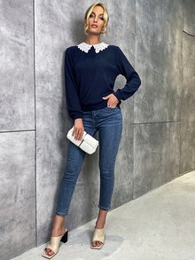 Schiffy Peter Pan Collar Ribbed Knit Pullover - Navy Blue - View 3