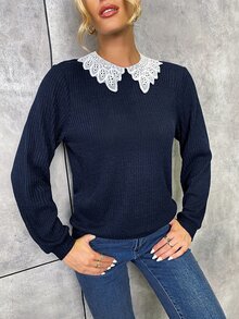 Schiffy Peter Pan Collar Ribbed Knit Pullover - Navy Blue - View 4