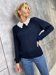 Schiffy Peter Pan Collar Ribbed Knit Pullover - Navy Blue - View 5